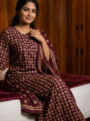AJRAKH HAND BLOCK PRINTED NIGHTY WITH SHAWL