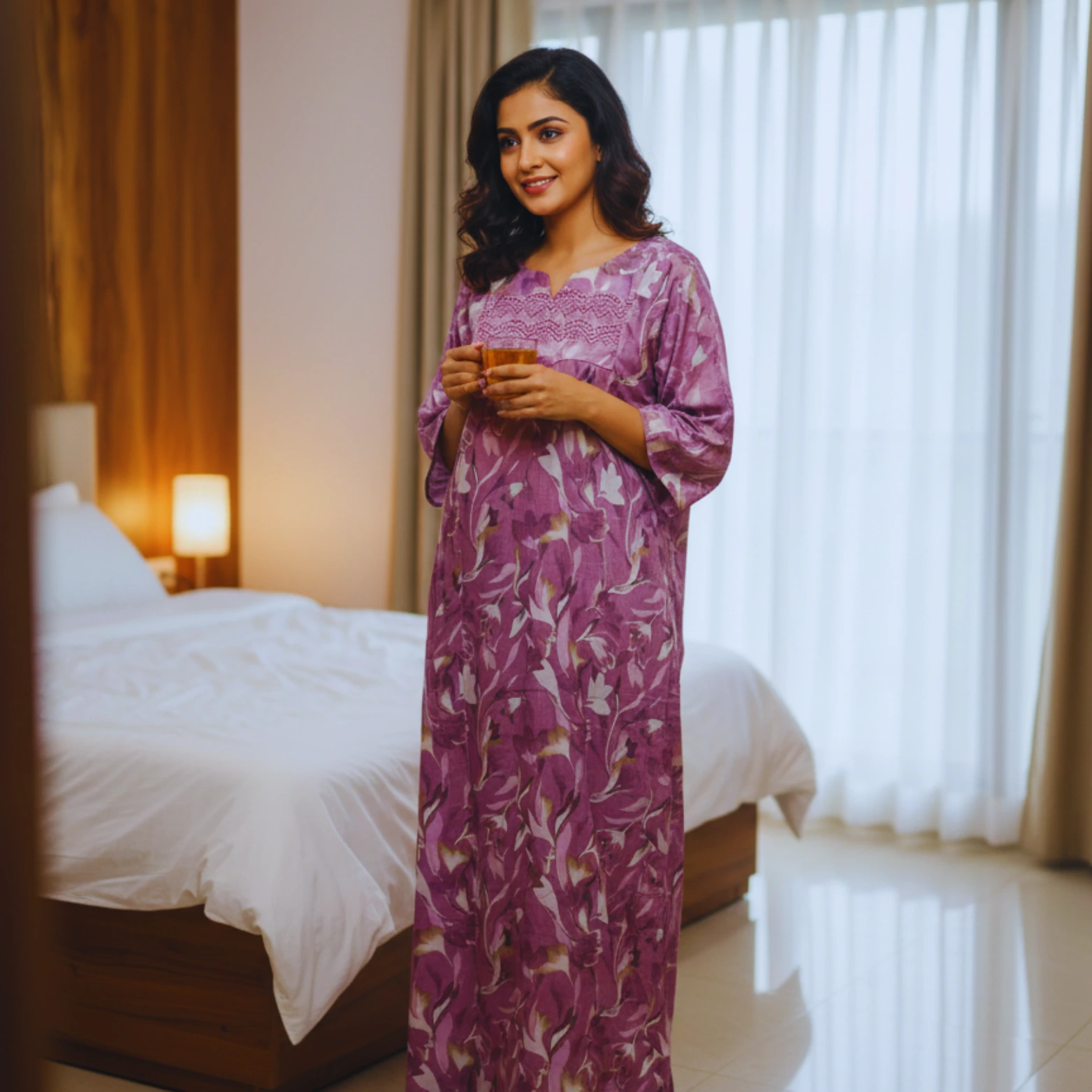Elegant Floral Comfort: Full-Length Cotton Nightgown with Pockets - Image 2