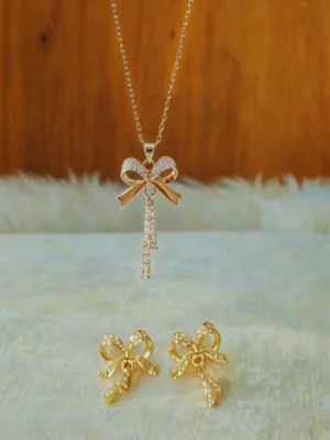 Anti-Tarnish - Tassel Bow Necklace and Tassel Stud Earrings Set | Waterproof Coquette Ribbon Jewelry