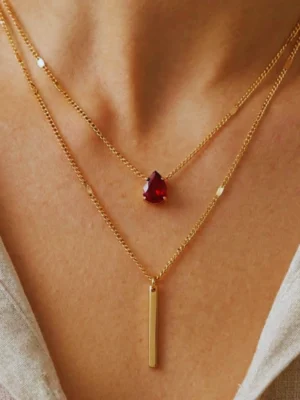 Layered Red Ruby Necklace Set | Gold Bar Pendant Necklace