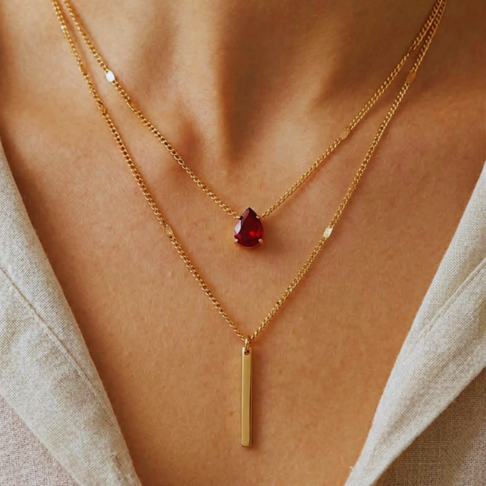 Layered Red Ruby Necklace Set | Gold Bar Pendant Necklace