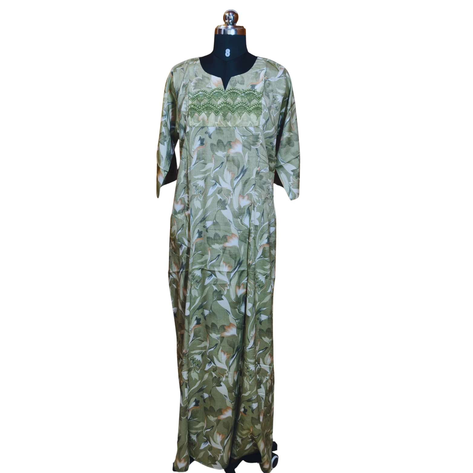 Elegant Floral Comfort: Full-Length Cotton Nightgown with Pockets - Image 3