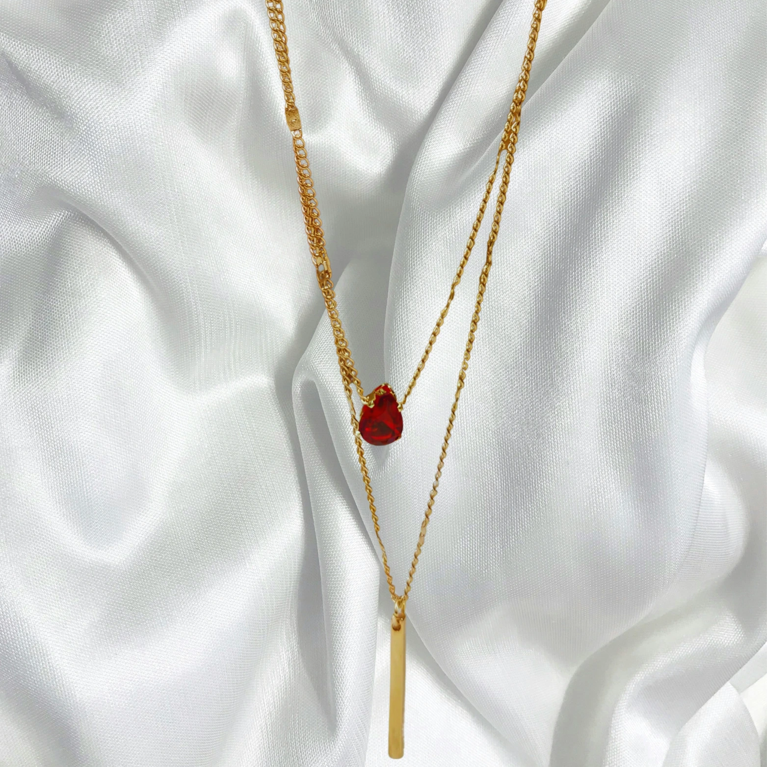 Layered Red Ruby Necklace Set | Gold Bar Pendant Necklace - Image 2