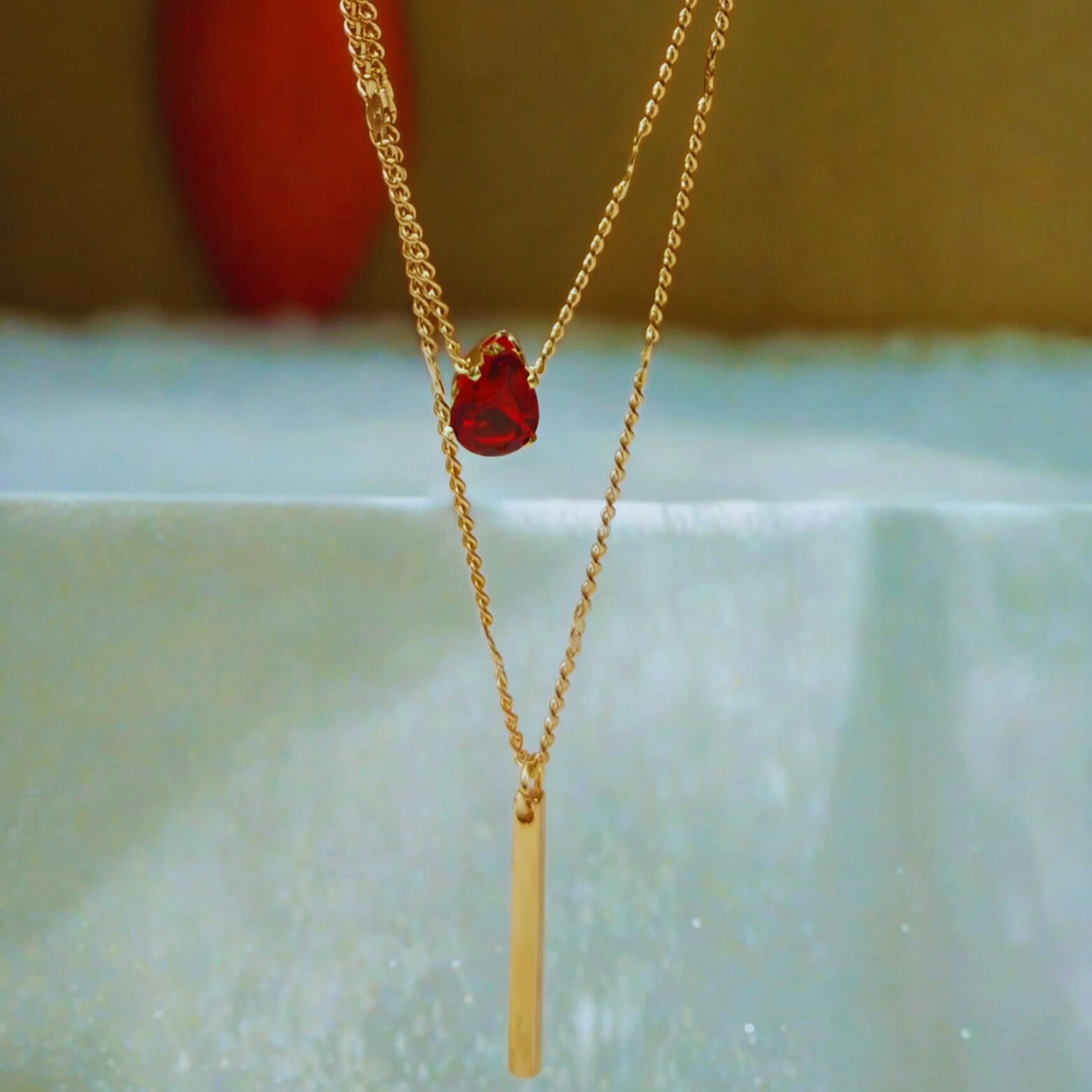 Layered Red Ruby Necklace Set | Gold Bar Pendant Necklace - Image 3