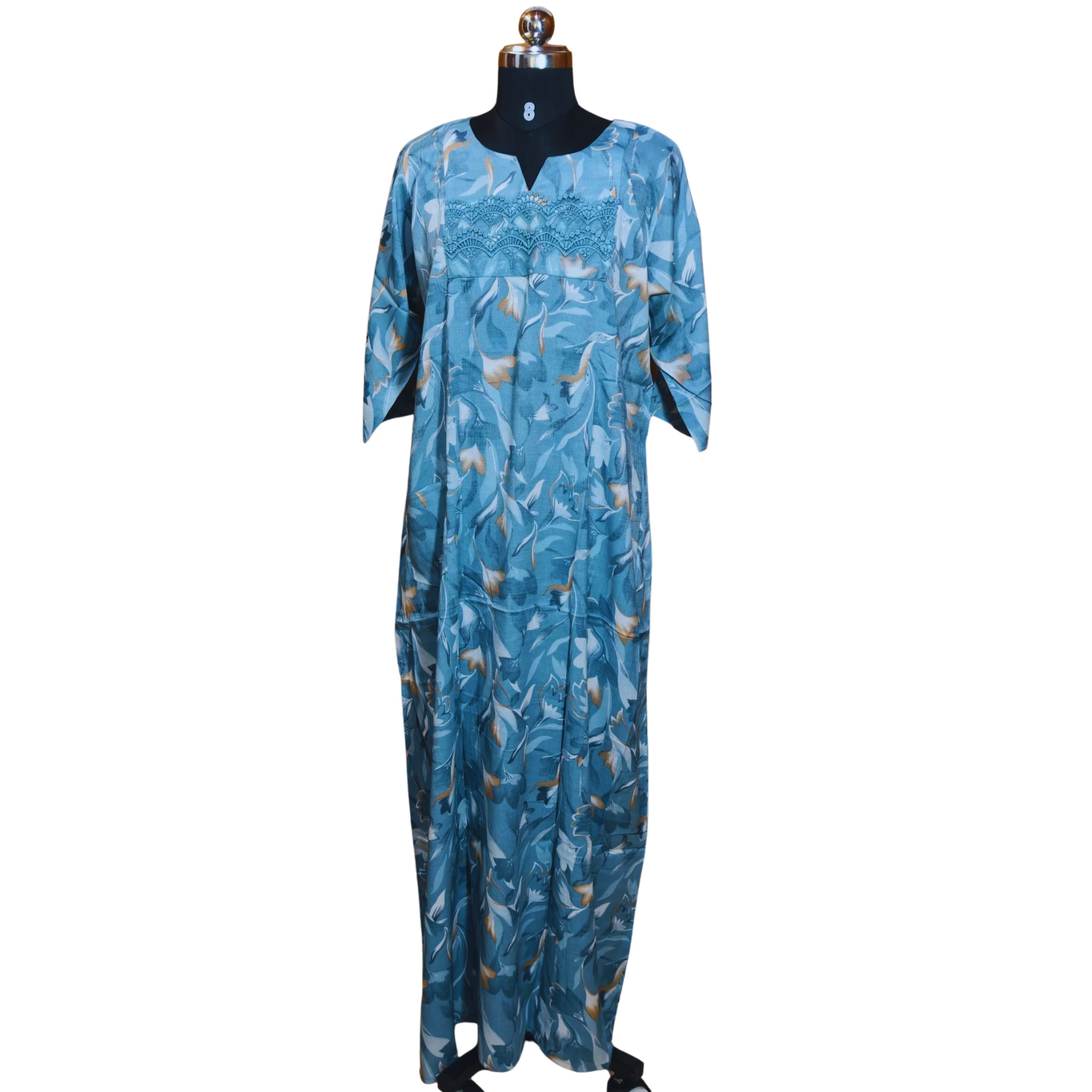 Elegant Floral Comfort: Full-Length Cotton Nightgown with Pockets - Image 4