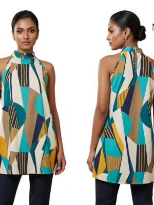 Sleeveless High-Neck Dress (Geometric Pattern)