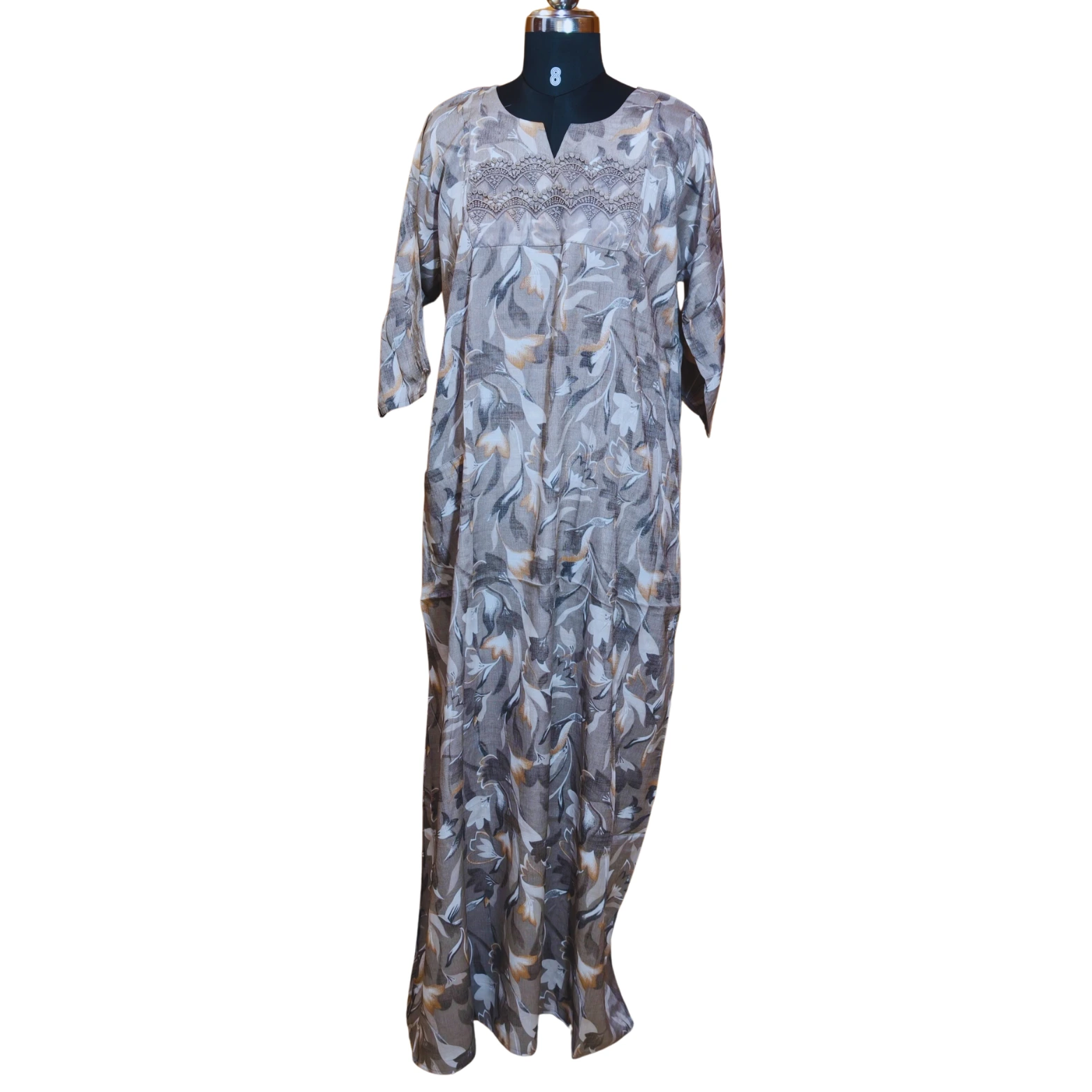 Elegant Floral Comfort: Full-Length Cotton Nightgown with Pockets - Image 5