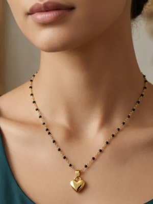 Elegant Golden Heart Mangalsutra Chain – Modern Daily Wear Black Bead Necklace : Anti-tarnish