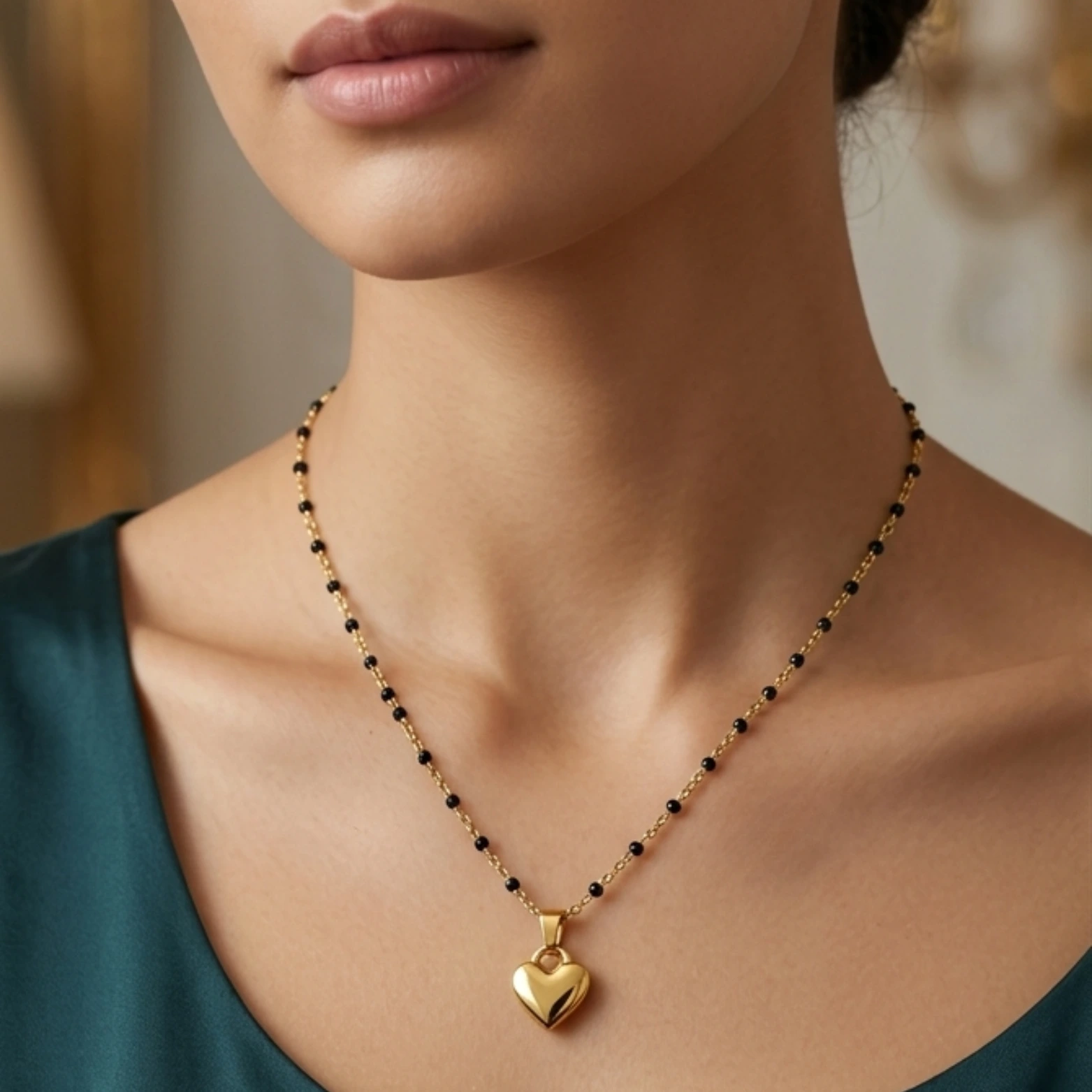 Elegant Golden Heart Mangalsutra Chain – Modern Daily Wear Black Bead Necklace : Anti-tarnish