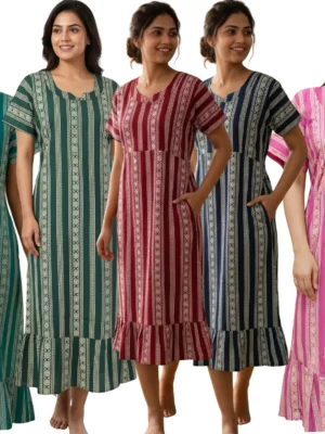 Minah26  Vertical Stripes Print Feeding Frock  nightwear : Cotton