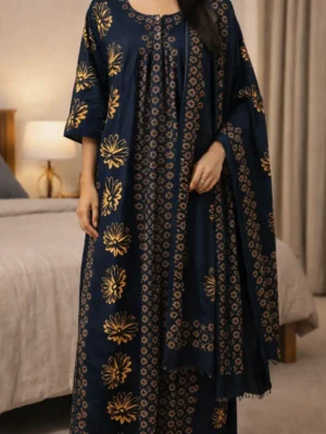 Royal Blue Golden Elegance Nighty WITH SHAWL