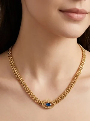 Gold Plated Stainless Steel Anti Tarnish Evil Eye themed Blue CZ Necklace For Women
