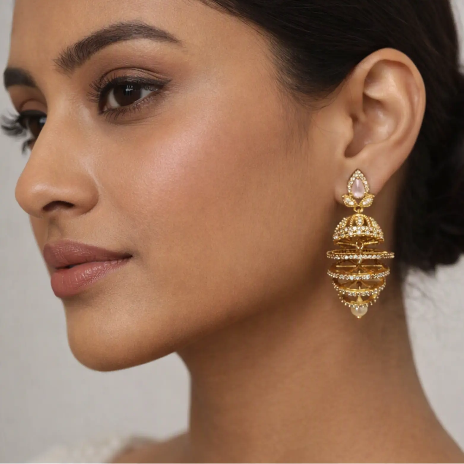 Elevated Heritage 3-Tier Layered Gold-Plated Jhumkas (Blue, Pink & Purple) - Image 2