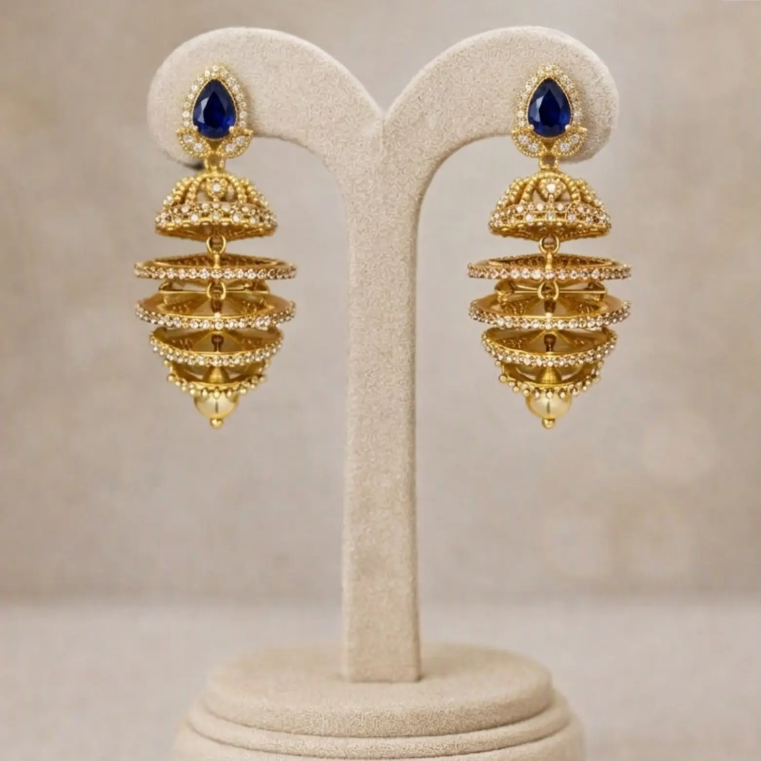 Elevated Heritage 3-Tier Layered Gold-Plated Jhumkas (Blue, Pink & Purple) - Image 3