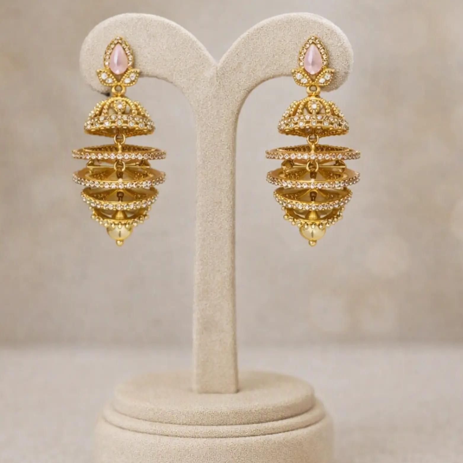 Elevated Heritage 3-Tier Layered Gold-Plated Jhumkas (Blue, Pink & Purple) - Image 4