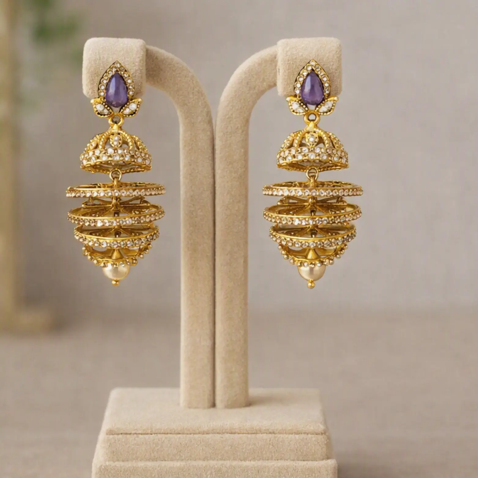 Elevated Heritage 3-Tier Layered Gold-Plated Jhumkas (Blue, Pink & Purple) - Image 5