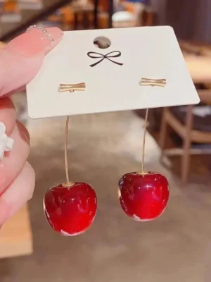 Korean Style Cherry Drop Earrings – Red Glossy Cute Design
