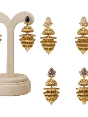 Elevated Heritage 3-Tier Layered Gold-Plated Jhumkas (Blue, Pink & Purple)