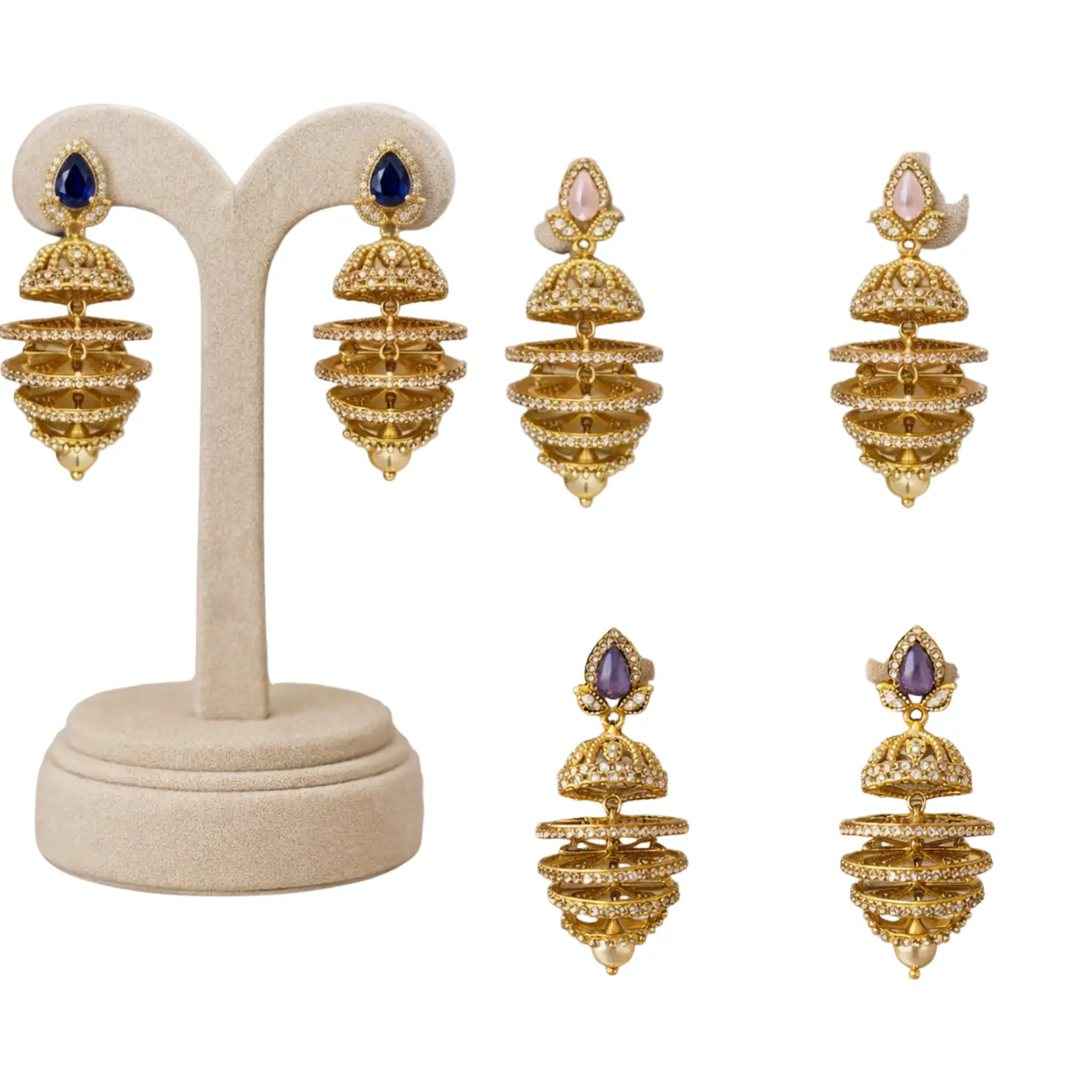 Elevated Heritage 3-Tier Layered Gold-Plated Jhumkas (Blue, Pink & Purple)